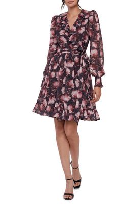 Rachel Parcell Floral Long Sleeve Chiffon Wrap Dress in Black Floral Multi