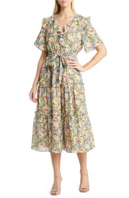 Rachel Parcell Floral Ruffle Chiffon Faux Wrap Midi Dress in Trellis Print
