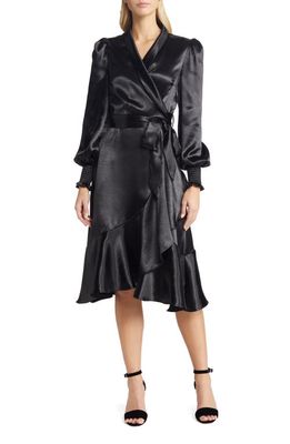 Rachel Parcell Long Sleeve Hammered Satin Wrap Dress in Black