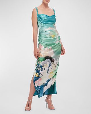 Rachel Printed Cowl-Neck Bodycon Midi Dress