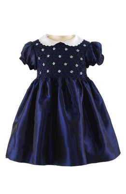 Rachel Riley Floral Embroidery Smocked Taffeta Dress & Bloomers in Navy
