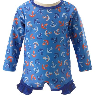 Rachel Riley Kids' Frill Anchor One-Piece Rashguard Swimsuit in Blue 