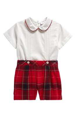 Rachel Riley Piped Cotton Button-Up Shirt & Tartan Shorts Set in Red