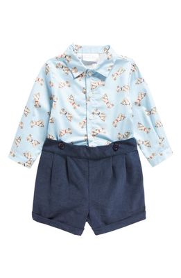 Rachel Riley Puppy Print Cotton Button-Up Shirt & Shorts Set in Blue