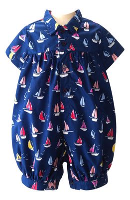 Rachel Riley Sailboat Print Cotton Bubble Romper in Navy