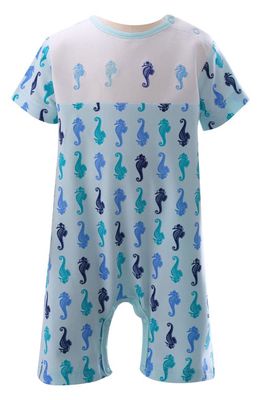 Rachel Riley Seahorse Print Embroidered Cotton Knit Romper in Blue 