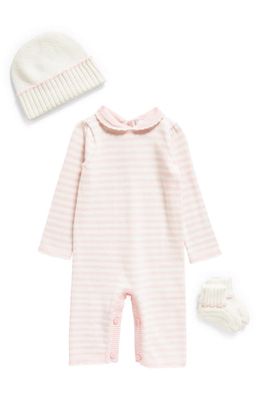 Rachel Riley Stripe Cotton Romper, Hat & Socks Set in Pink 