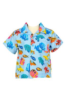 Rachel Riley Tropical Fish Print Short Sleeve Cotton Button-Up Shirt in Blue Multi 