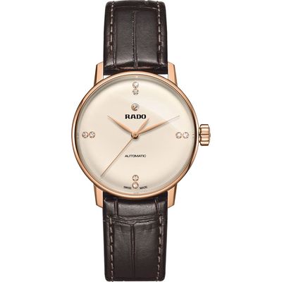 RADO Coupole Classic Diamond Leather Strap Watch, 32mm in Brown/Gold 