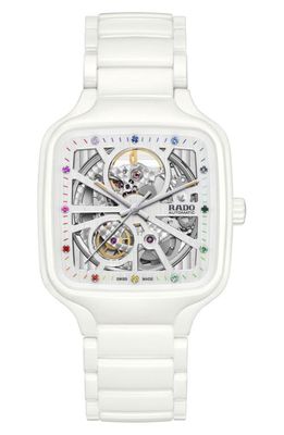 RADO True Square Automatic Open Heart Ceramic Bracelet Watch, 38mm in White 