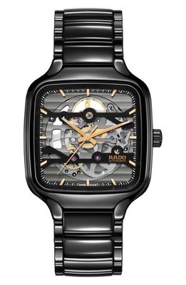 RADO True Square Automatic Skeleton Bracelet Watch, 38mm in Black 