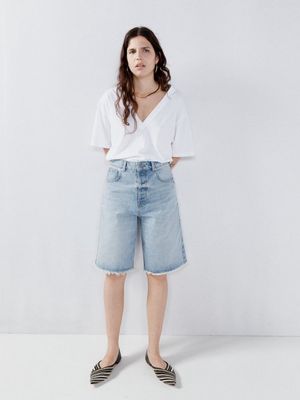 Raey - 90s Longline Organic Cotton Denim Shorts - Womens - Indigo