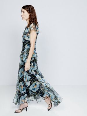 Raey - Cape And Peplum Floral Print Silk Dress - Womens - Navy Print
