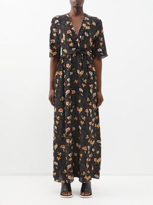 Raey - Daffodil & Lily-print Knot-front Silk Day Dress - Womens - Black Print