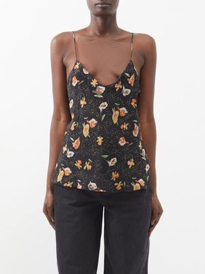 Raey - Daffodil & Lily-print Rouleau-strap Silk Cami Top - Womens - Black Print