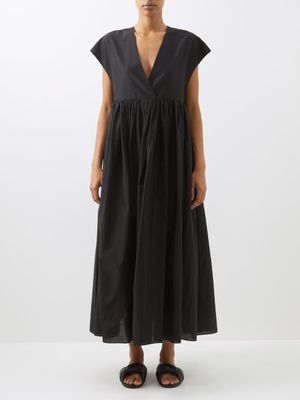 Raey - Deep-v Organic Cotton-blend Gathered Dress - Womens - Black