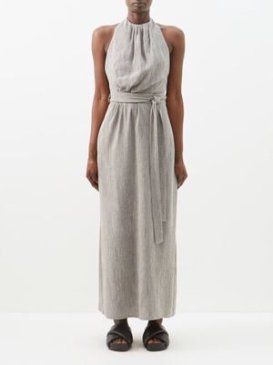 Raey - Gathered-neck Linen-blend Halter Dress - Womens - Grey