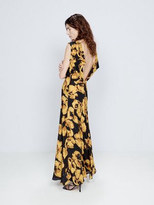 Raey - Gold Iris-print Open Back Silk Dress - Womens - Black Print