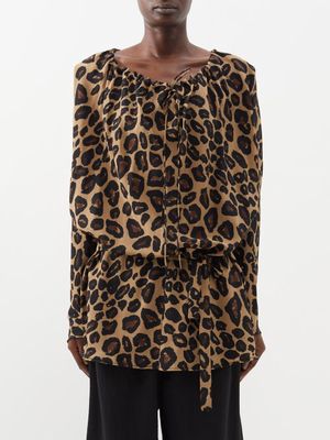 Raey - Leopard-print Drawstring-neck Draped Silk Top - Womens - Brown Print