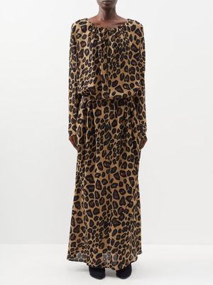 Raey - Leopard-print Drawstring-neck Silk Dress - Womens - Brown Print