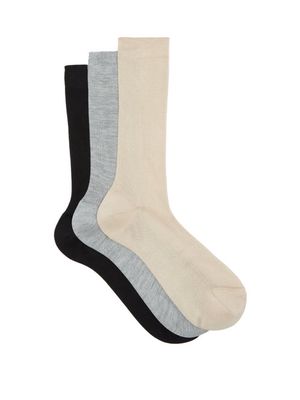 Raey - Pack Of Three Ribbed Silk Socks - Womens - Black Multi