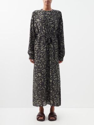 Raey - Ribbon-print Batwing-sleeve Silk Dress - Womens - Khaki Multi