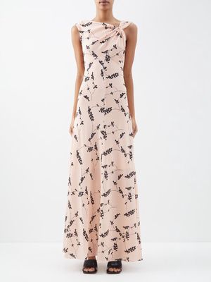 Raey - Sprig-print Knot-front Silk Maxi Dress - Womens - Pink Print