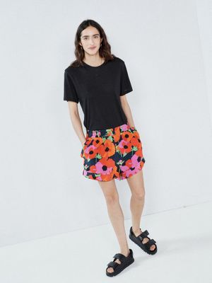 Raey - Strong Flower-print Elasticated-waist Silk Shorts - Womens - Red Print