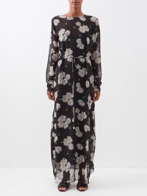Raey - Tie-back Frazzled Poppy Silk Print Dress - Womens - Black Print