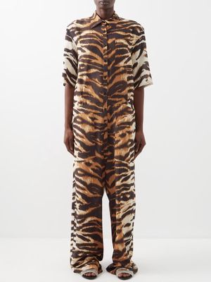 Raey - Tiger-print Silk Wide-leg Jumpsuit - Womens - Brown Print