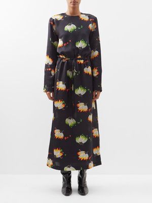 Raey - Tulip-print Drawstring Jacquard Dress - Womens - Navy Print