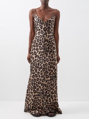 Raey - V-neck Leopard-print Silk-satin Maxi Dress - Womens - Brown Print