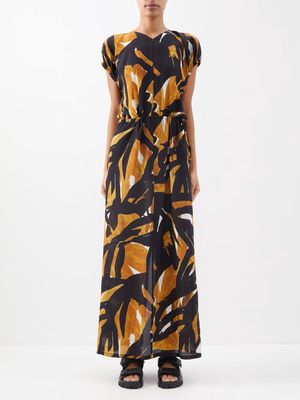 Raey - Woodblock-print Gathered-sleeve Silk Dress - Womens - Brown Print