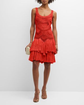 Raffia Embroidered Tiered Fringe Tunic Dress