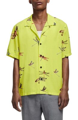 rag & bone Avery Print Short Sleeve Button-Up Camp Shirt in Bright Green Dragonfly