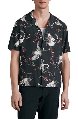 rag & bone Avery Printed Short Sleeve Button-Up Camp Shirt in Black Crane