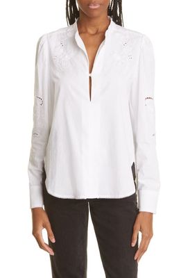 rag & bone Jade Embroidered Band Collar Cotton Blouse in White