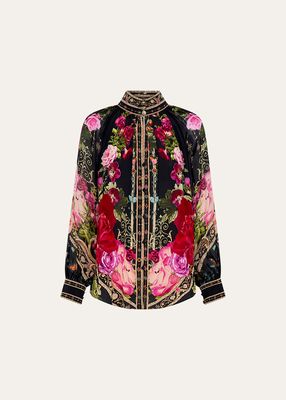 Raglan Button-Front Floral SIlk Shirt