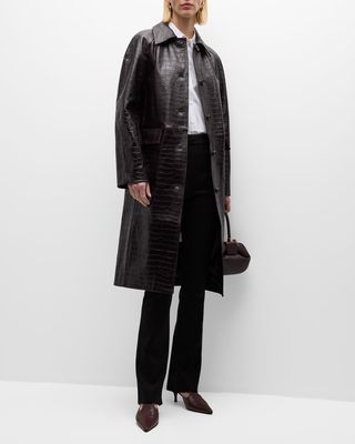 Raglan-Sleeve Croc-Embossed Leather Midi Coat