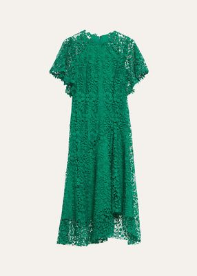 Raglan-Sleeve Floral Lace Midi Dress