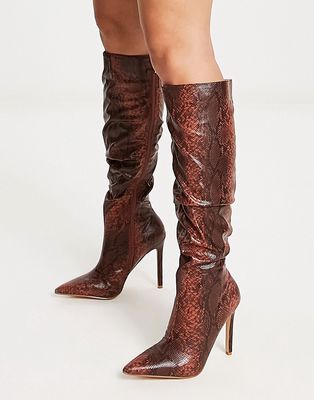 Raid Brayden stiletto knee boots in tan snake print-Multi
