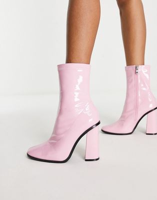 RAID Saylor block heel sock boot in pink patent-Neutral