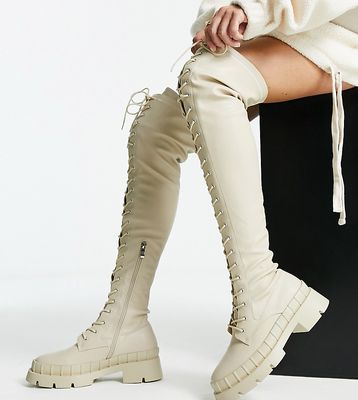 RAID Wide Fit Oakford lace up over the knee second skin boots in ecru-White