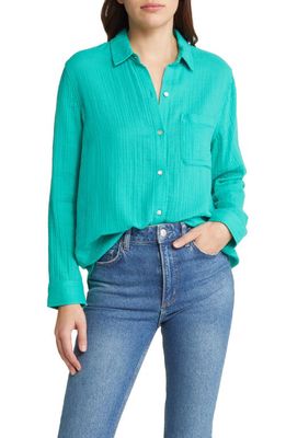 Rails Ellis High/Low Crinkled Organic Cotton Shirt in Emerald