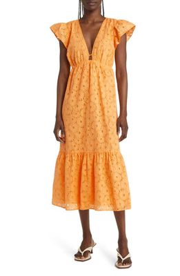 Rails Eyelet Flutter Sleeve Tiered Cotton Midi Dress in Marigold Eyelet