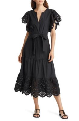 Rails Gia Eyelet Trim Cotton Blend Midi Dress in Black