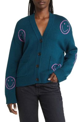 Rails Reese Intarsia Smiley Wool & Cotton Cardigan in Forest