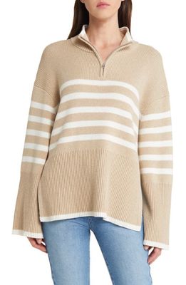 Rails Tessa Stripe Wool & Cotton Quarter-Zip Pullover in Sand Stripe