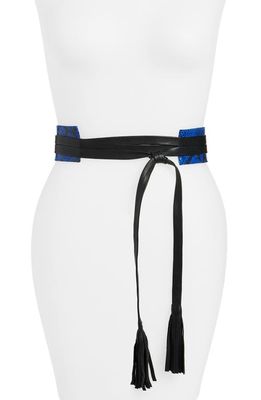 Raina Tassel Leather Wrap Belt in Black/blue Snake