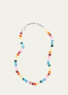 Rainbow Gemstone Short Knotted Necklace with Pave Diamond Rondelles